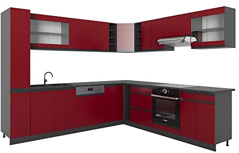 Vicco Eckküche R-Line, Küchenzeile in L-Form, Rot, 257 x 60 cm J-Shape, ohne Arbeitsplatte