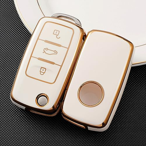 Juttzzei Autoschlüssel Hülle VW für VW Golf Beetle Skoda Octavia Scirocco Passat Polo Seat Transporter Touran Tiguan Sharan Jetta Leon Ibiza Schlüsselhülle, TPU Polo Schlüssel Cover 3-Tasten(weiß)