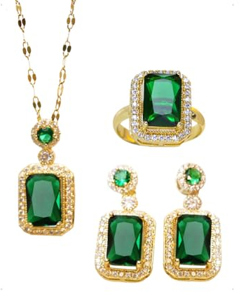 KONFEN Parure Bijoux Cristal Femme, Cristal Ensemble Collier Boucle d'oreilles Bague Ajustable avec Zircon Cubique, 3 Pièces Bijoux Necklace Parure Bijoux Fantaisie Set pour Femmes et Filles (Vert)