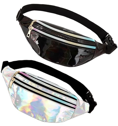 2 Stück Glitzernde Bauchtasche, wasserdichte Gürteltasche aus PU Leder, Reflektierende Hüfttasche mit Verstellbarem Gurt, Mode Metallic Tasche für Damen Herren Festival Sport Reisen