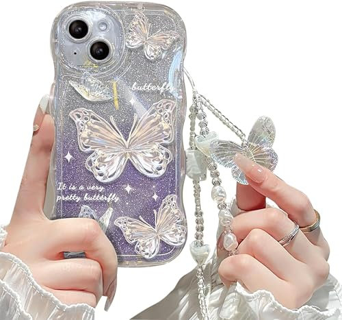 Cutecasee Compatible with iPhone 15 Plus Case for Women/Girls, Cute Butterfly Glitter Bling with Bracelets Anti-Scratch Shockproof Case for iPhone 15 Plus, Purple with Bracelets