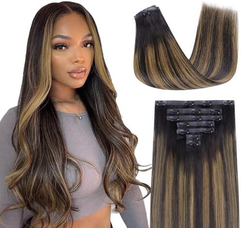 Lashey Clip in Extensions Echthaar 110g 7 Stück Balayage Natürliches Schwarz bis Chestnut Braun Nahtlose Clip in Haarverlängerung Glatt Remy Menschliches Haar 45cm(18 Zoll)