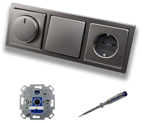 REV Ritter LED Drehdimmer Dimmer + Busch Jäger Dimmerscheibe 6540-866-102 + Taster 2020US + Steckdose 20EUC-866 PUR Edelstahl + EBROM Phasenprüfer z. Montage der Geräte ET1 66012B