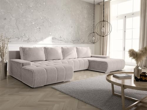 Tendencio Canapé panoramique Convertible BOLUTI en Velours côtelé avec Coffre de Rangement (Beige)