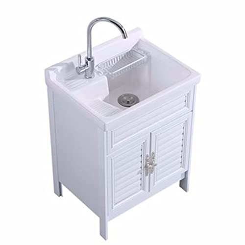 Lavabo en céramique autonome – Lavabo utilitaire avec planche à laver, robinet d'eau chaude et froide, kit de vidange – Station de lavage extérieure pour le linge
