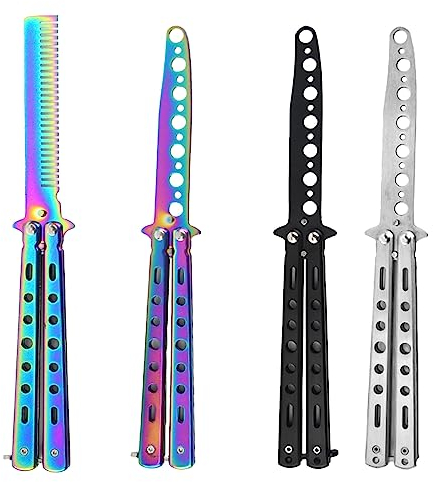 Sporgo Butterfly Trainer 4 Stück: Butterfly Messer zum Üben Ungeschärfte Klinge Butterfly Kamm Edelstahl für Balisong Trainingsmesser AnfäNger-Der Flipping Tricks üBt(Schwarz+Silber+Farbe)(2)