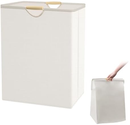 VFANDV Cesto Beige Gran, 60L Cesto Ropa Plegable Portátil Bolsa Ropa Sucia, Cesto para Ropa con Mango de Madera para Salas Estar, Habitaciones Niños, Baños, Dormitorios, Viajes