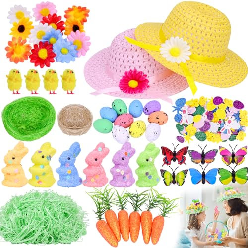 Hysgtek Easter Bonnet Kit Easter Bonnet Hat for Kids, 149Pcs DIY Easter Bonnet Decorations with Chicks, Bunny, Carrots, Eggs, Nests, Grass, Flower, Sticker, Butterfly for Boy Girl