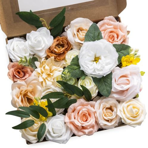 AIM & GGKK Seidenblumen Wie Echt Rosen Künstliche Blumen Combo Box mit Stielen für Blumen Deko Torte Kunst Blumen Frühling Blumensträuße Hochzeit Party Zuhause Babyparty Deko(Champagner Altrosa Set)