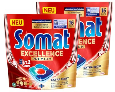 SOMAT Excellence Premium 5in1 Caps 32 Stück (2 x 16), schnellauflösende Spülmaschinentabs mit Extra Boost auch im Niedrigtemperatur-, Kurz- & Eco-Programm, entfernen selbst eingetrocknete Essensreste