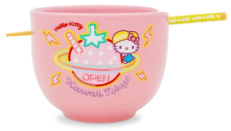 Sanrio Hello Kitty Kawaii Tokyo Ceramic Ramen Dinnerware Set | Includes 20-Ounce Noodle Bowl and Wooden Chopsticks