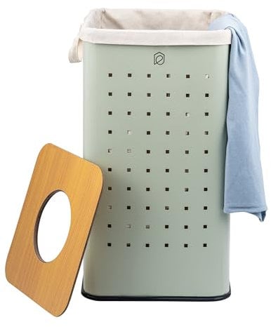 eluno eckige Wäschetonne, Wäschekorb, Wäschesammler mit waschbarem Wäschesack und abnehmbaren Deckel, 50 Liter Fassungsvermögen für Schlafzimmer, Badezimmer, Wäscheaufbewahrung aus Metall (Mint)