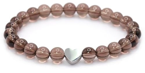Echtes Rauchquarz Edelstein Armband mit 6mm Perlen und Edelstahlherz - verschiedene Längen - Heilstein Schutzstein Talisman Glücksbringer Geschenk (Rauchquarz, 18CM)
