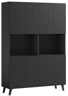 MINIO go for it - Highboard LOKET, 120 cm Breit, hohe Kommode mit 4 Türen, Hochkommode Stehend, Hochschrank, Wohnzimmer Möbel, Farbe: Schwarz matt mit Fischgrätenmuster