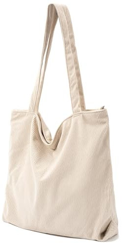 Damen Cord Tote Bag - Große Shopper Schultertasche Mit Reißverschluss für Schule, Büro, Reisen, Einkaufen - Aesthetic Design (Beige)