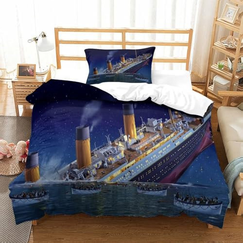 Rochile Titanic 3D Bettwäsche Set Kinder Bettbezug Set Betten Set Für Kinder Mädchen Jungen 2 Stück Ultraweiche Mikrofaser Bettwäsche Set Single（135x200cm）