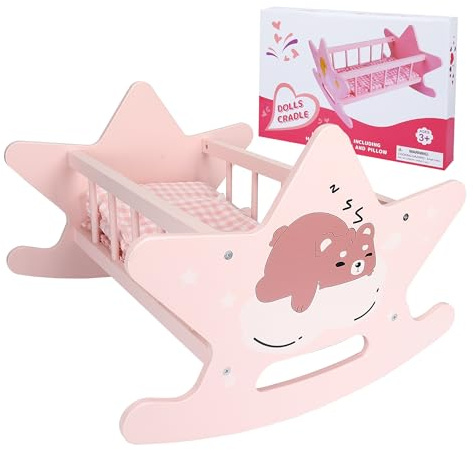 Offelec Wooden Baby Doll Crib Set, Pink Baby Doll Bed Toys, Rocking Baby Doll Cradle Accessories, Play Cradle for Dolls, Doll Furniture Accessories,Gift for Boys Girls Kids, Ages 3+