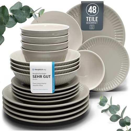 Steingut Geschirrset 12 Personen Hygge 48 tlg. TESTSIEGER, Traumhaftes Skandinavisches Steingut Geschirr Set, Schüssel- und Teller Set, Tafelservice 12 Personen, Geschirrsets Pure Living in Hellbraun