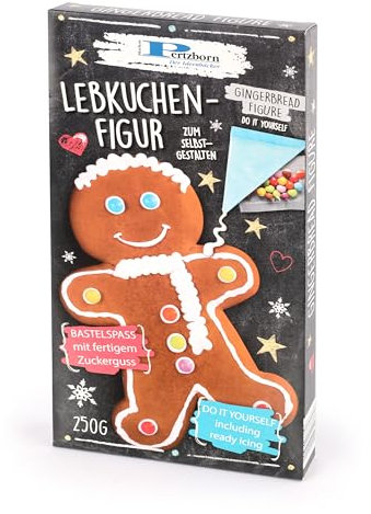 Pertzborn Lebkuchenmann zum Selberdekorieren – 250g essbarer Weihnachtsdeko mit Nonpareilles & fertigem Zuckerguß – Lebkuchen perfekt als Weihnachten Deko – Aus Roggen- & Weizenmehl
