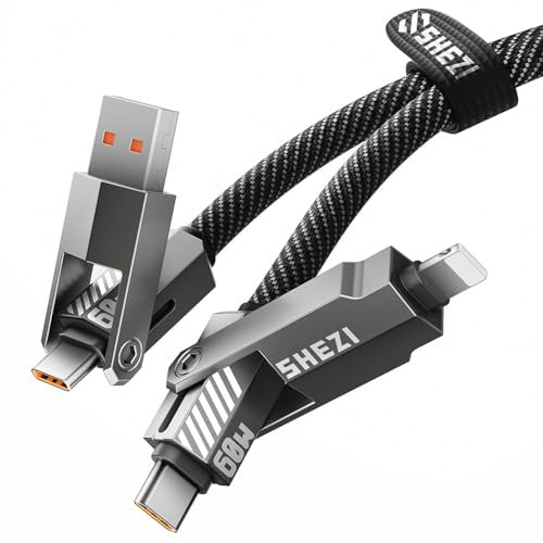 SHEZI 60W 4 in 1 Charger Cable, USB C to Compatible With Lightning, C to C Nylon Braided 1.5M Fast Charging, iPhone iPad Charger Cord, Multi Charger Cable Compatible With Lightning/Type C/USB A