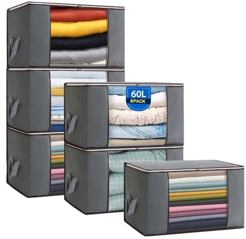 Boic 6 Pack Clothes Storage Bags With Lids, 60L Clothes Storage Boxes, Large Storage Bags, Foldable Storage Box With Zips, Moving Boxes Organiser For Toys, Clothing, Bedding, Blankets (Grey)