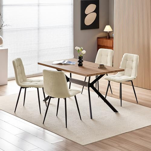 WAFTING Essgruppe Esstisch mit 4 Stühlen, 140×80×73cm Esstisch mit Dunkle Holzmaserung, und Gepolsterte Beige Esszimmerstühle mit hoher Rückenlehne und Leinendesign, für Küche Esszimmer, Wohnzimmer