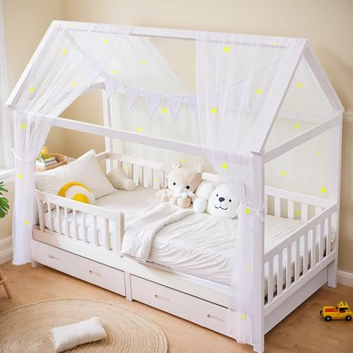 ToxyJopy Hausbett Himmel Set – 2-teiliges Betthimmel Hausbett mit leuchtenden Sternen – Hausbett Deko mit Wimpelkette aus Bio-Baumwolle – Traumhafte Kinderzimmer Dekoration