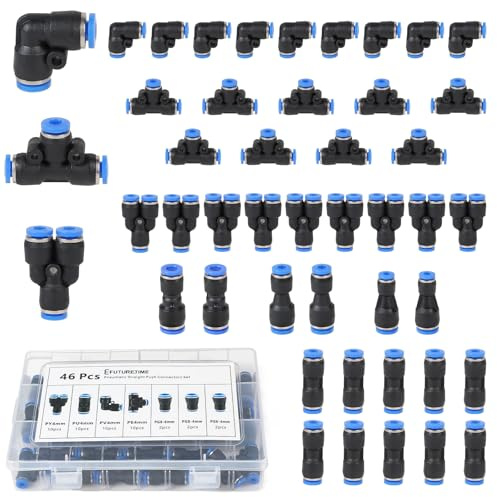 EFUTURETIME 46 Pièces Raccords Rapides Pneumatiques 4 mm Push-In | 10 Raccords Droits, 10 à Angle, 10 en Y, 10 en T et 6 Réducteurs Chacun (2 pièces de Chaque: 4-6, 4-8 et 6-8)