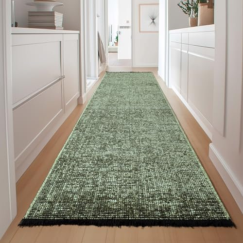 HomebyHome, Baumwolle Chenille Teppich Läufer Grün 80x250 cm Waschbar, Boho-Stil, Vintage Kelim, Kurzflor, rutschfest & Weich, Einfarbig Meliert, Für Küche, Schlafzimmer & Flur
