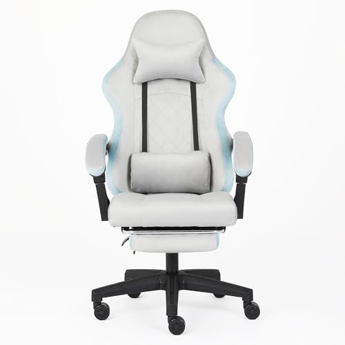 NEW LEADER Silla Gaming Ergonómica con Reposapiés, Respaldo Reclinable 140°, Cojín Lumbar y Cervical, Altura Ajustable, Tela Suave Transpirable, Silla de Oficina para Gaming (Gris)