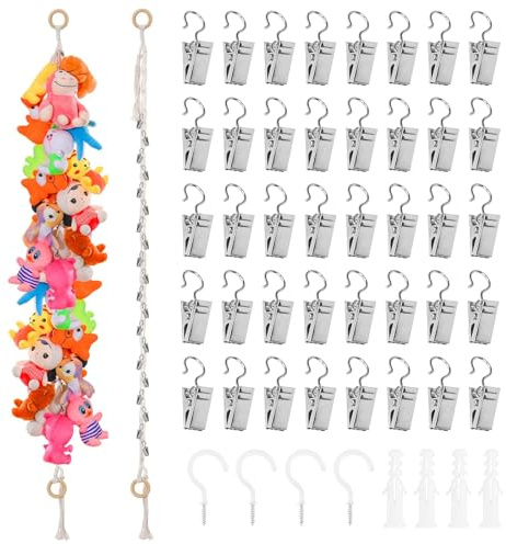 lomdung 2 Stück Hängender Stofftierhalter für Plüschtiere, 200 CM Handgeflochtenes Seil für Stofftier Aufbewahrung, Kuscheltier Aufbewahrungskette, Boho Stofftier Organizer Kette, mit 40 Metall-Clips