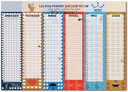 Witziger Ewiger Kalender | Könige denken über den Thron | Jahreskalender ohne Jahr für Geburtstage und wichtige Termine | beidseitig, farbenfroh zum Aufhängen am WC | Lustiges und praktisches