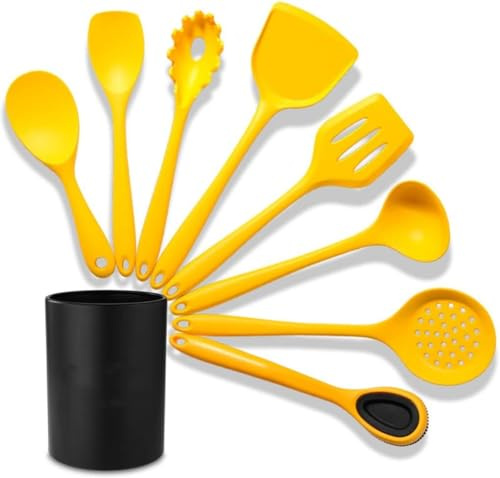 OIFAODAO, Ensemble d'ustensiles de Cuisine 8 pièces avec Support, Ensembles en Silicone, Ensemble antiadhésifs for comptoir, Lavable au Lave-Vaisselle, Jaunes,Cuillère de Cuisine