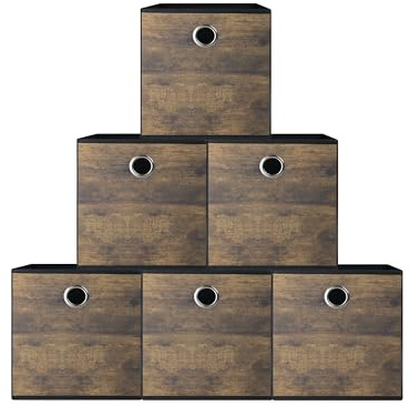 Folzaelar 6 Pack Durable Storage Cube Bin with Decorative Wood Grain,Thickened Fabric Boxes,Storage Basket for Shelves,Closet,Storeroom,Bedroom,Living Room,Nursery,Office,Dorm,RV,26x26x28cm (Small)