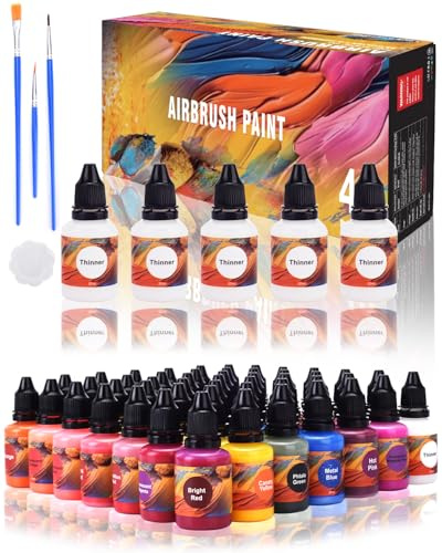 Gocheer Airbrush Paint - 43 Farben mit 4 Verdünnern & 3 Metallicfarben, Sprayfertiges Airbrush-Farbenset, Wasserbasierte Acryl-Airbrushfarben für Metall - 50 Flaschen