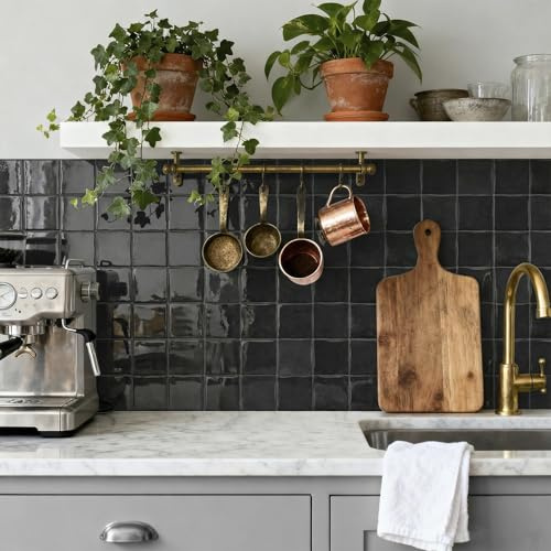 Alwayspon 15x15cmx10Pcs 3D Self Adhesive Wall Tile Sticker Transfers, Peel and Stick Adhesive Waterproof Splashback Stick on Tile Decals for Kitchen Bathroom Wall, Black