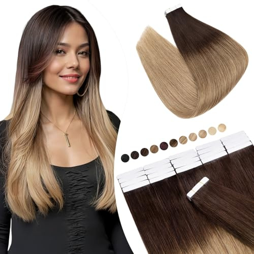 Elailite Echthaar Extensions Tape in Extensions 20 Stück 50g/set, Glattes Haarverlängerungen 45cm #4T27 Mittel braun Ombre Dunkelblond