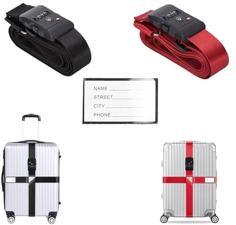 Heucadup Sangle Valise Voyage avec Code Lot de 2 Sangle pour Valise 5 x 420 cm Sangles à Bagage avec Cadenas à Combinaison et étiquette Nominative Sangles Bagages pour valises de 50 à 85 cm