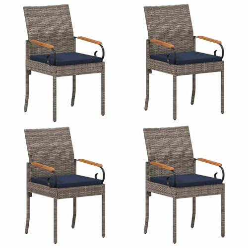 vidaXL Gartenstühle 4 pcs Grau und Marineblau Poly-Rattan und Akazie, Akazienstühle, rechteckige Sitzgelegenheit, wetterfeste Polyrattan-Gartenmöbel, bequemes Design