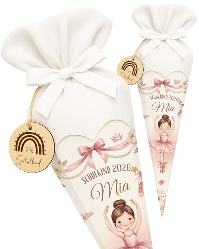 Kidsmood personalisierte Schultüte inkl. Rohling, Filz-Stoff & Holzschild, Zuckertüte als Geschenk zur Einschulung Mädchen & Jungen, Einschulungsgeschenk für Schulkind 2026 - Ballerina (Weiss)