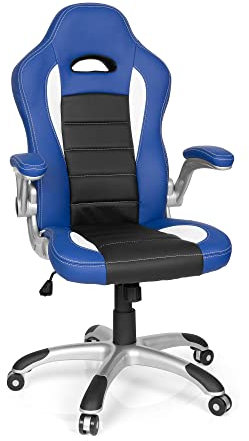 hjh OFFICE 621890 Fauteuil de Direction Game Sport Cuir synthétique Noir/Blanc/Bleu Chaise de Gaming Chaise de Bureau, accoudoirs repliables
