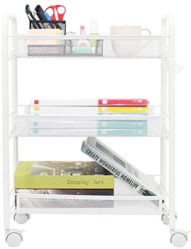 OVICAR Mesh Wire 3 Tier Rolling Cart, Kitchen Storage Utility Cart, Multifunction Basket Stand for Bathroom, Full Metal Storage Art Trolley Carts with Wheels & 4 Side Hooks (White)