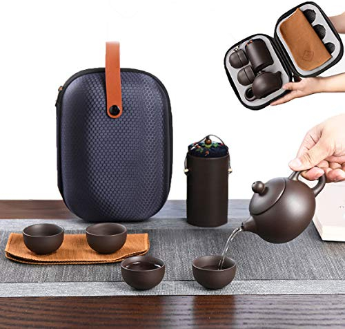 Zliger Service à Thé Kung Fu Ensemble De Théière Argile Pourpre Avec 1 Théière + 4 Tasses à Thé + 1 Tapis à Thé + 1 Seau à Thé + Sac De Protection Portable pour Pique-Nique en Plein Air