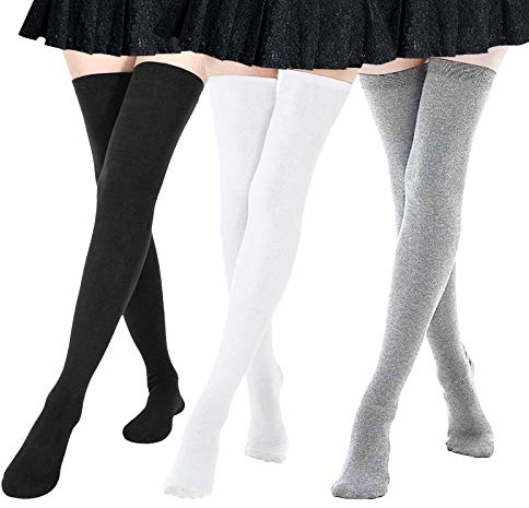 DRESHOW 3 Pairs Women Extra Long Thigh High Socks Thin Stripes Tube Tights Over Knee Socks Casual High Boot Stockings