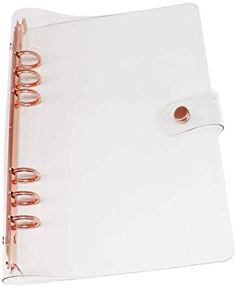Personal A5 Transparent PVC Binder Cover Clear Soft PVC Notebook Shell Rose Gold 6 Rings Protector with Snap Button Closure Loose Leaf Folders (Personal A5, Clear Cover + Rose Gold Binder)