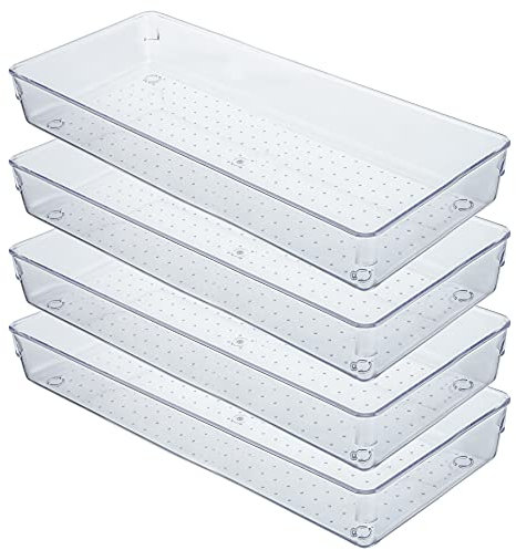Kingrol 4 Pack Clear Drawer Organizer Trays, Desk Drawer Divider Storage Bins, Storage Box Set for Utensils Junks Vanities Makeups Jewelry Office Craft Supplies, 38x15x5cm