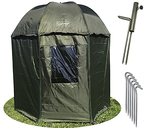 Saxcarp XXL Fishing Umbrella 250 cm with Wind Protection Tent and Side Wall for 3 Adults - Carp Equipment, Stand, Pegs, Throw Included