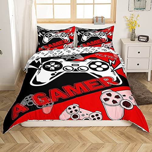 Gamer Bettbezug für Jungen 135x200,Gaming Bettwäsche Set für Kinder Jugend Gamer Room Decor Videospiel Trösterbezug,Wendbares Rot Schwarz Gamepad Bettbezug Ästhetische Bettdecke 1 Kissenbezug
