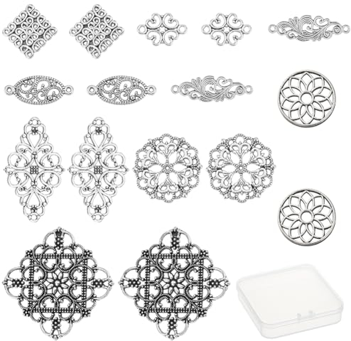 SUNNYCLUE 1 Scatola 8 Stili Vintage Filigrana Falegnami Connettori Charms Fiore Tibetano Piatto Rotondo Ovale Rettangolo Colmenti Pendenti per Donne Orecchini