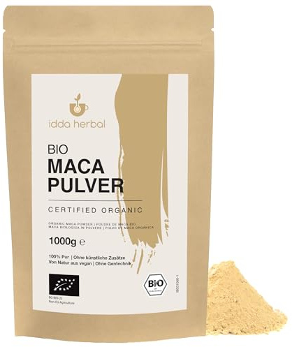 IDDA Herbal Maca Pulver BIO aus Peru 1kg, Macawurzel gemahlen | bio Maca Pulver, ideal für Smoothies, Shakes, Müsli, Porridge, Joghurt, Kuchen, Muffins, Pancakes & Energiebällchen